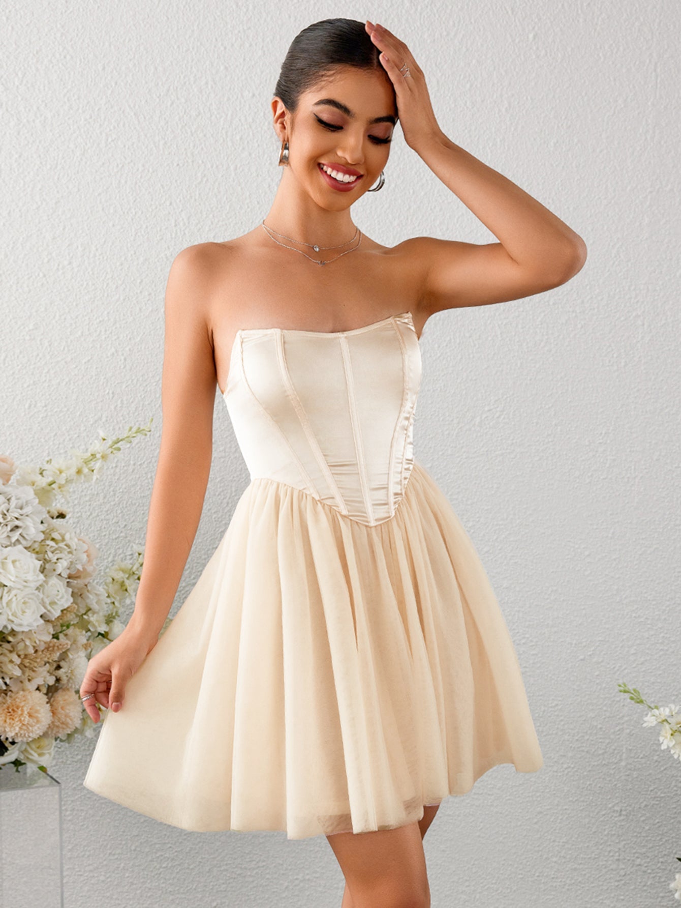 Satin Patchwork Mesh Backless Tube Dress
