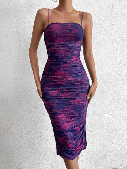 Side Split Thigh Ruched Print Mesh Bodycon Dress