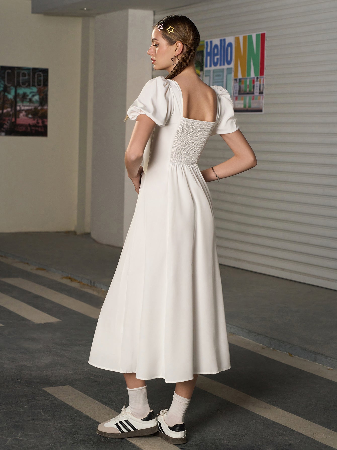 Square Neck Puff Sleeve Ruched Bust Midi Dress