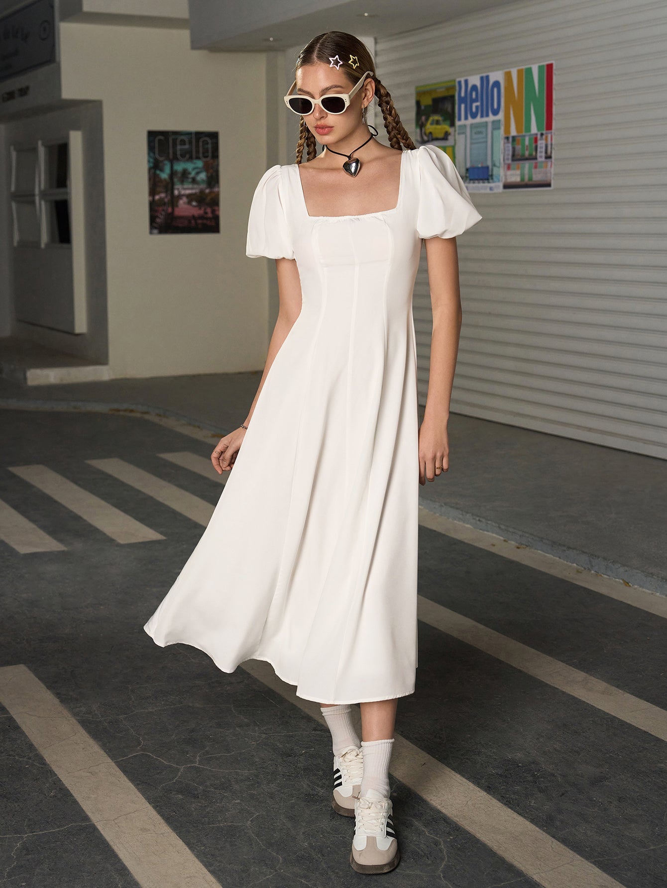 Square Neck Puff Sleeve Ruched Bust Midi Dress