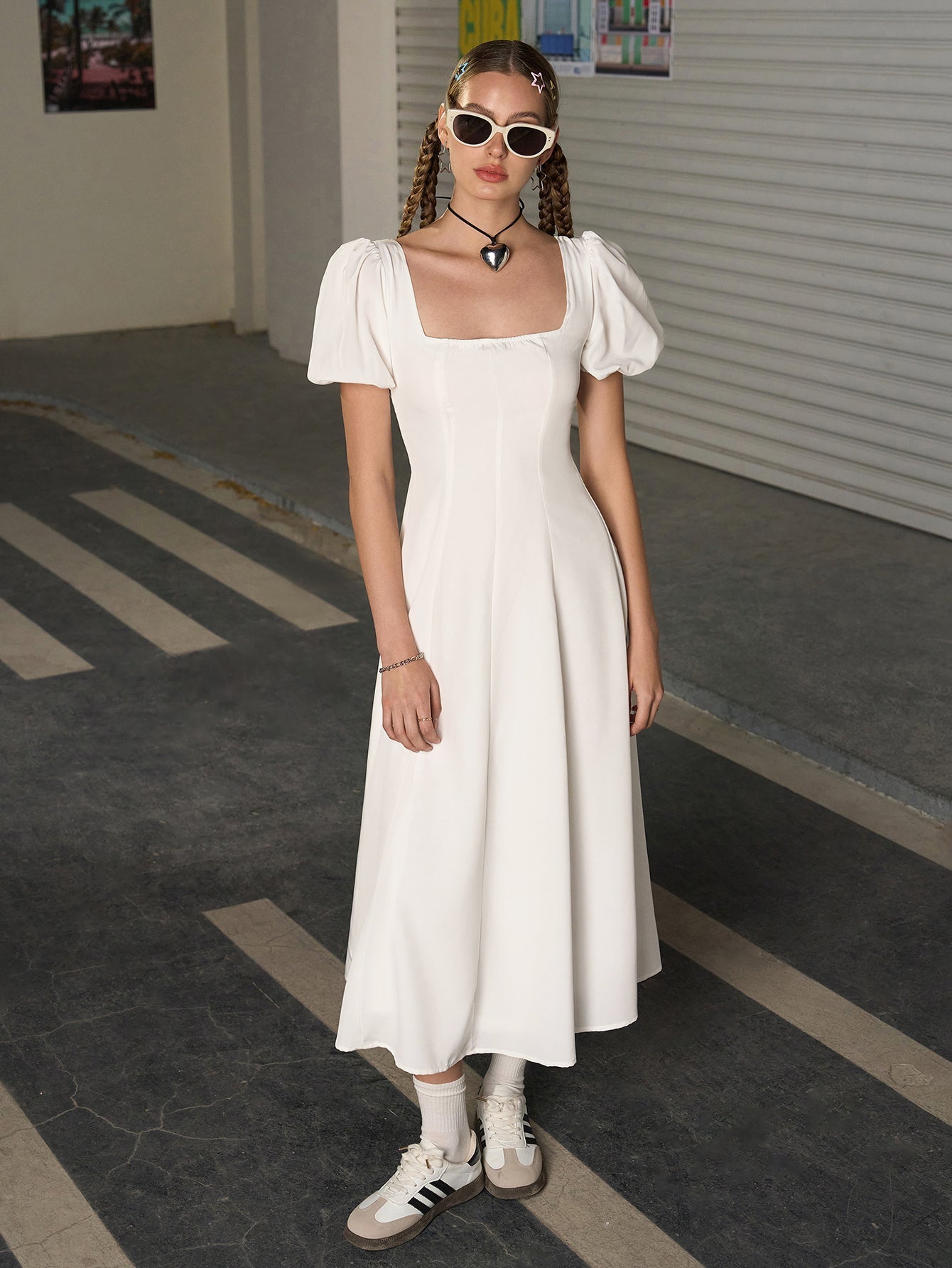 Square Neck Puff Sleeve Ruched Bust Midi Dress