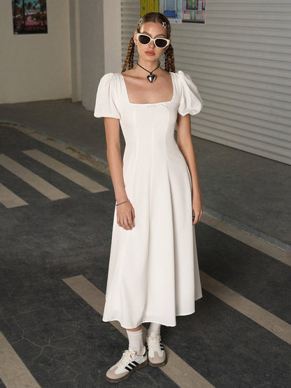 Square Neck Puff Sleeve Ruched Bust Midi Dress