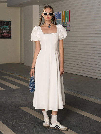 Square Neck Puff Sleeve Ruched Bust Midi Dress