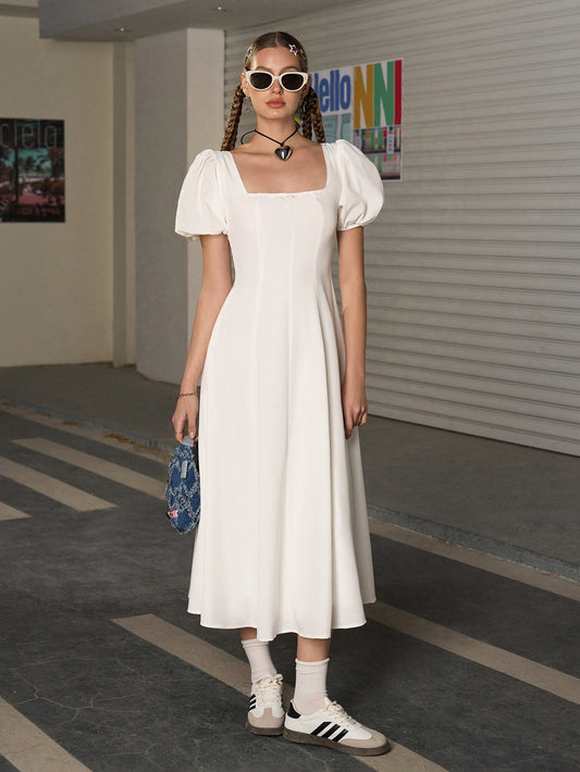 Square Neck Puff Sleeve Ruched Bust Midi Dress