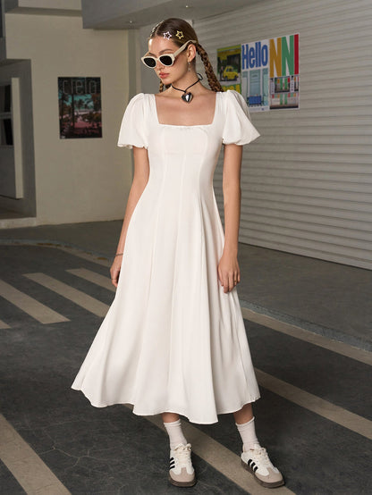Square Neck Puff Sleeve Ruched Bust Midi Dress