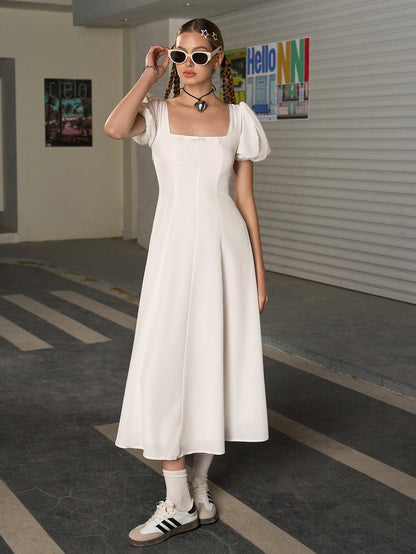 Square Neck Puff Sleeve Ruched Bust Midi Dress
