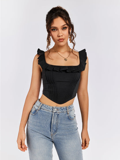 Square Neck Ruffles Asymmetrical Hem Tank Top