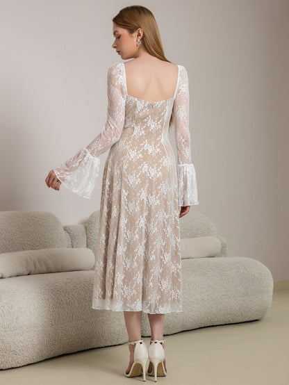 Tie Front Bell Sleeve Contrast Lace Long Dress