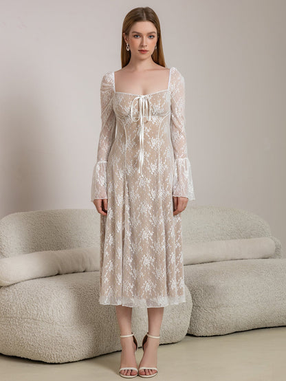 Tie Front Bell Sleeve Contrast Lace Long Dress