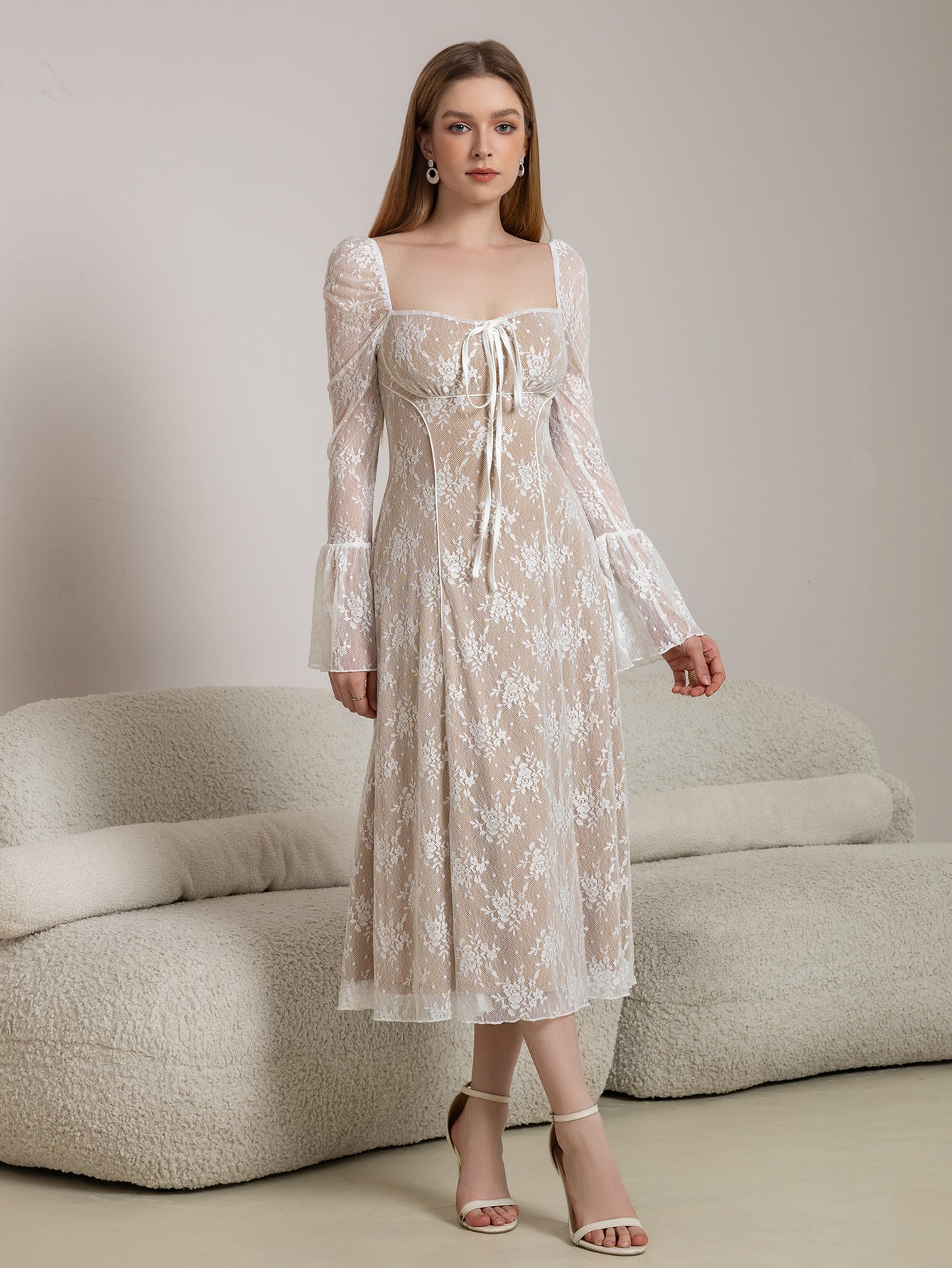 Tie Front Bell Sleeve Contrast Lace Long Dress