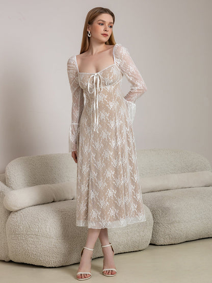 Tie Front Bell Sleeve Contrast Lace Long Dress