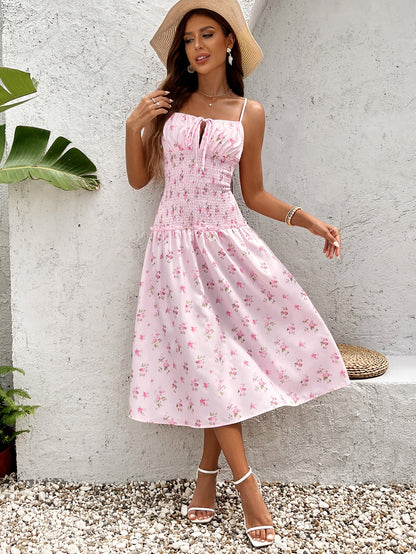 Tie Front Waist Ruched Floral Print Cami Dress