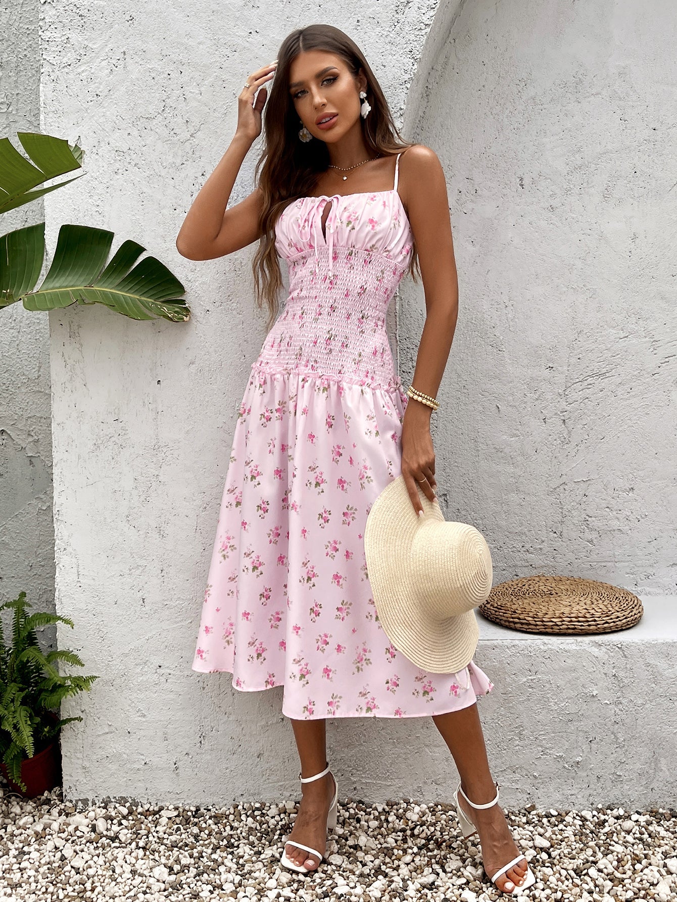 Tie Front Waist Ruched Floral Print Cami Dress