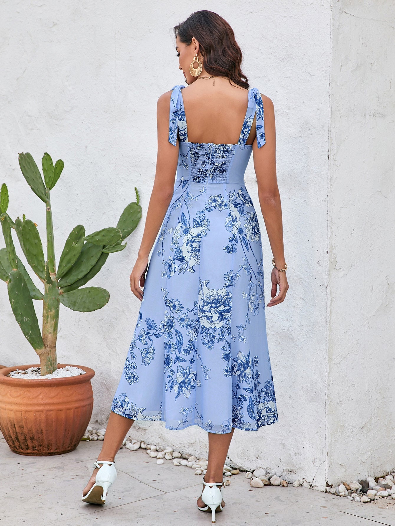 Tie Shoulder Backless Floral Print Slit Hem Dress
