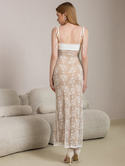 Tie Shoulder Contrast Lace Ruched Bodycon Lace Dress