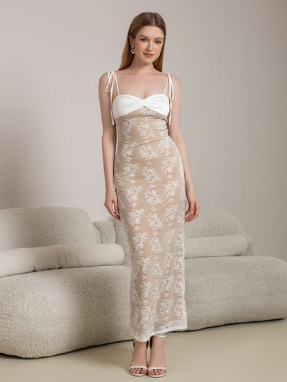 Tie Shoulder Contrast Lace Ruched Bodycon Lace Dress