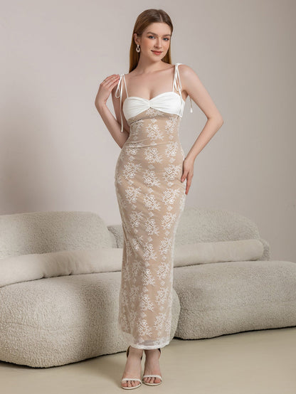 Tie Shoulder Contrast Lace Ruched Bodycon Lace Dress