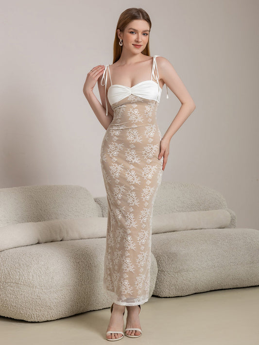 Tie Shoulder Contrast Lace Ruched Bodycon Lace Dress