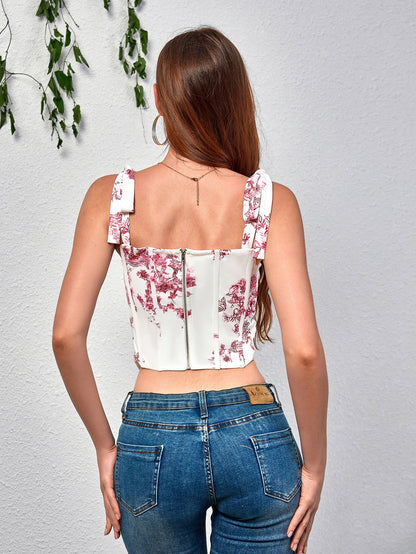 Tie Shoulder Floral Print Corset Top