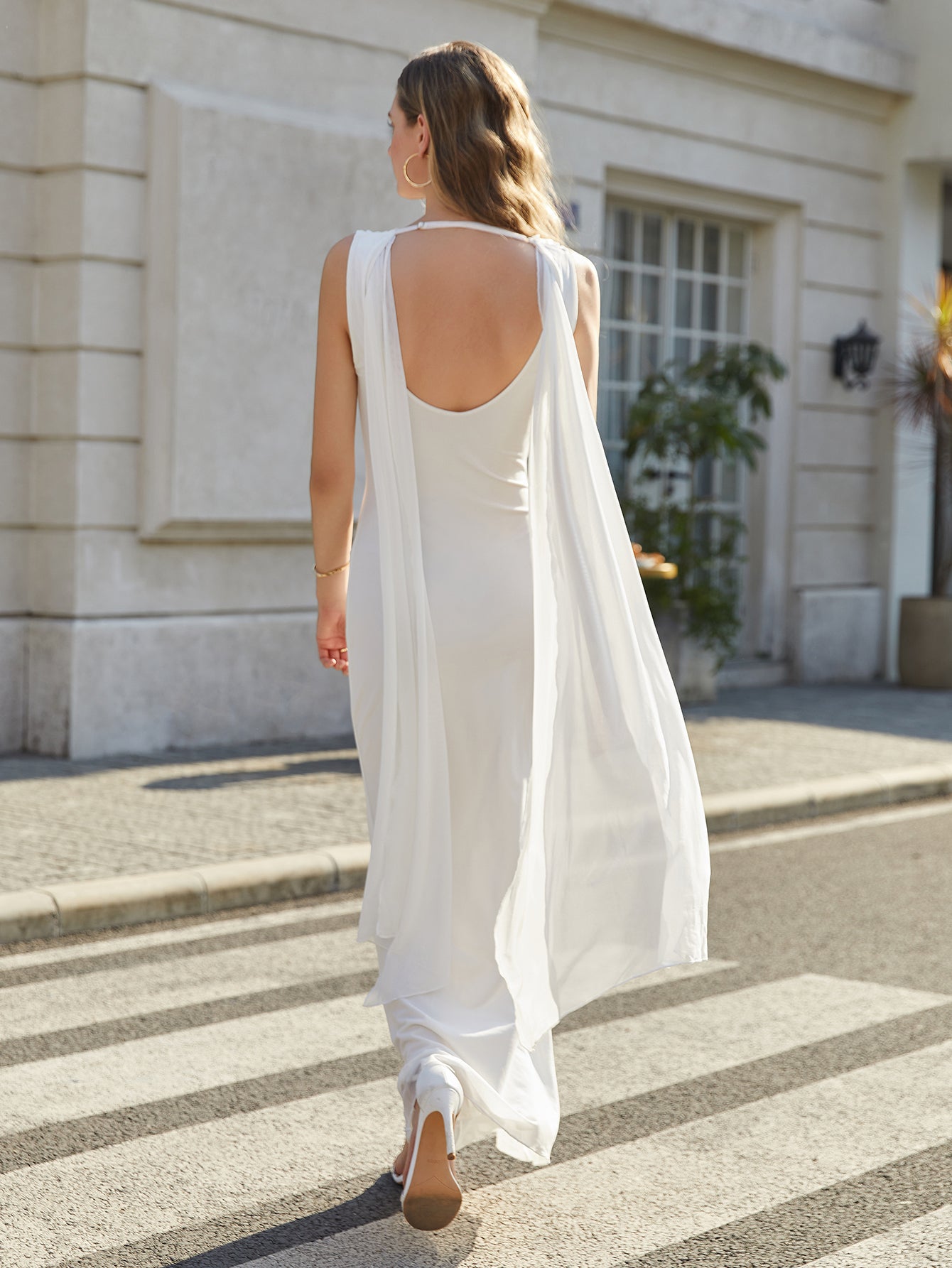 U-Neck Backless Side Ribbon Trim Ruched Mesh Dress