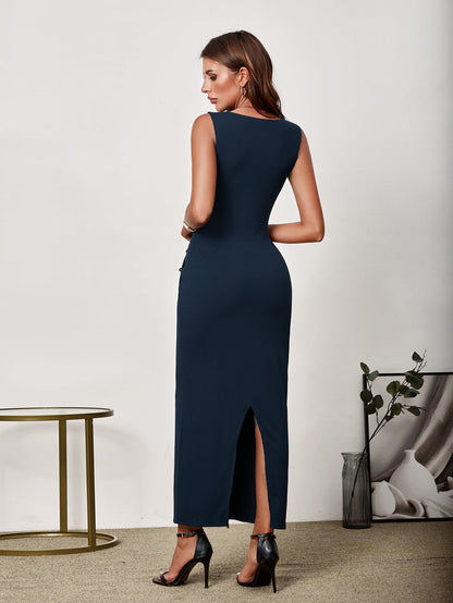 V-Neck Button Placket Back Split Bodycon Dress