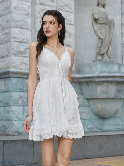 V-Neck Crisscross Tie Front Lace Cami Dress