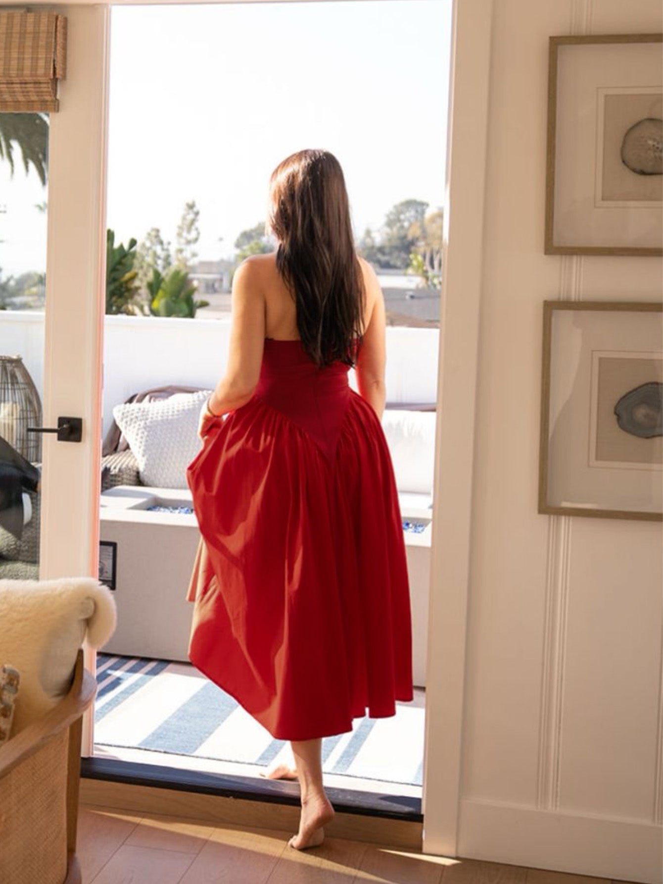 V-Neck Halter Flared Hem Solid Dress