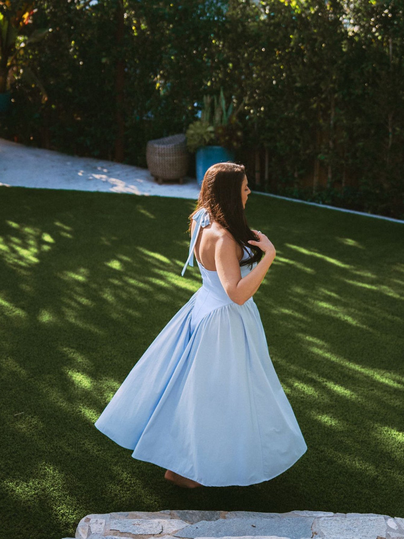 V-Neck Halter Flared Hem Solid Dress