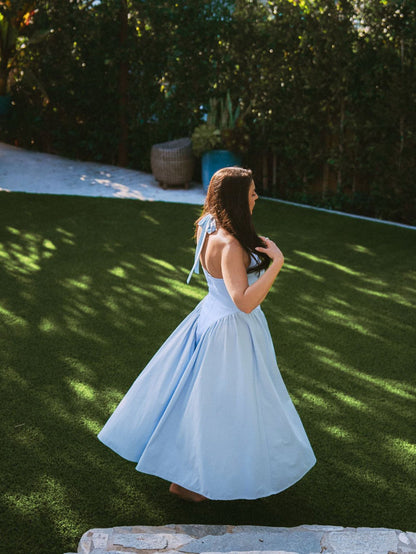 V-Neck Halter Flared Hem Solid Dress