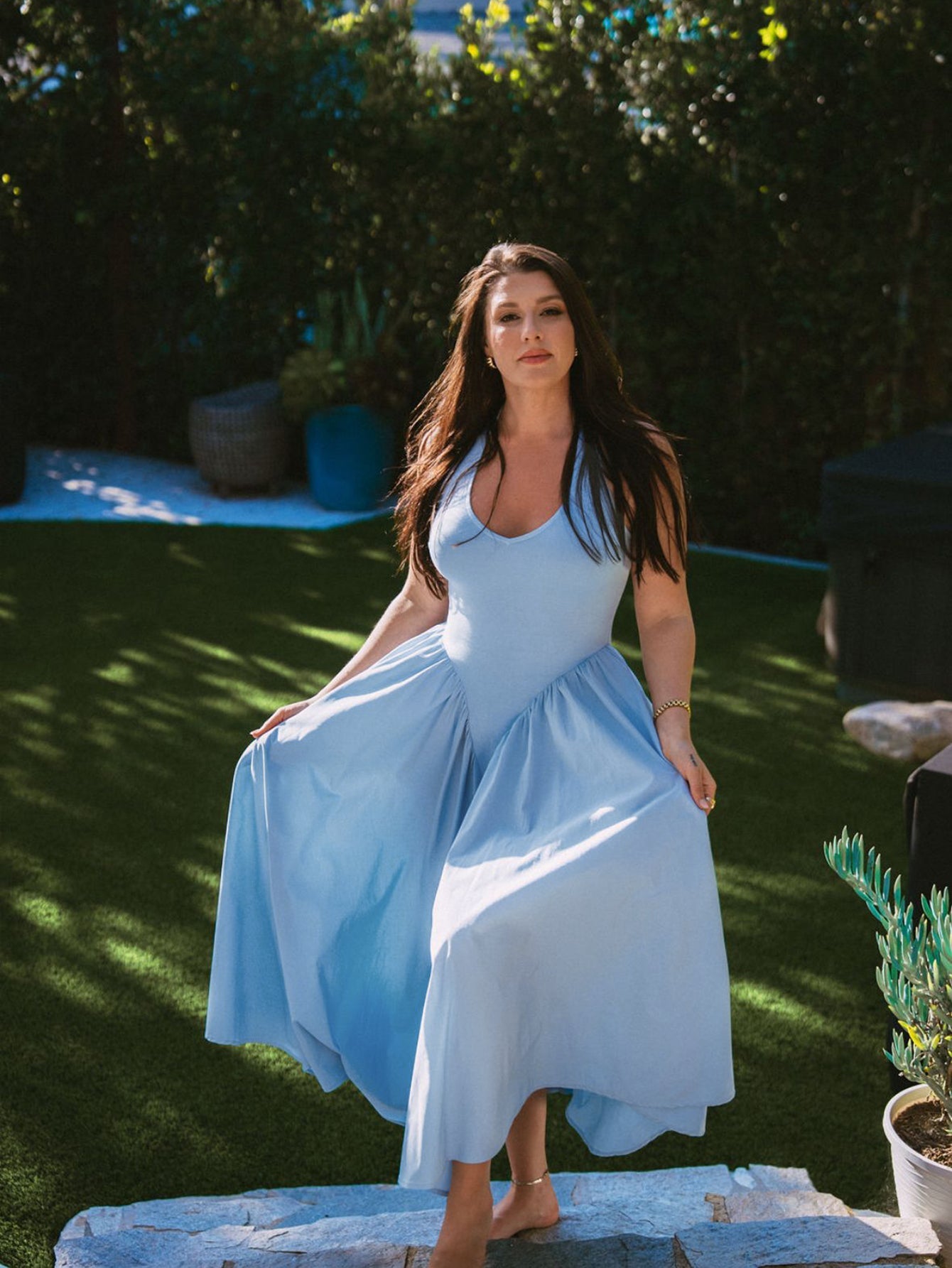 V-Neck Halter Flared Hem Solid Dress