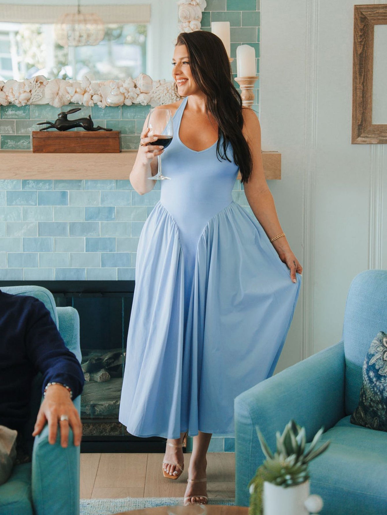 V-Neck Halter Flared Hem Solid Dress