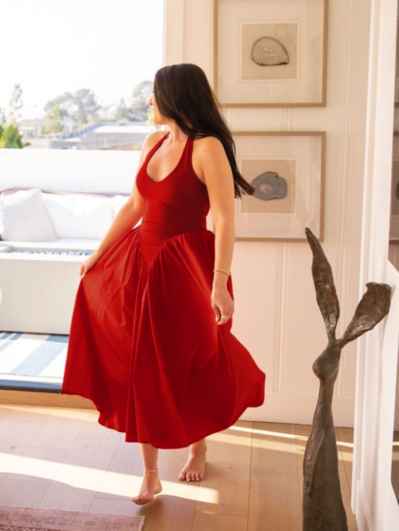 V-Neck Halter Flared Hem Solid Dress