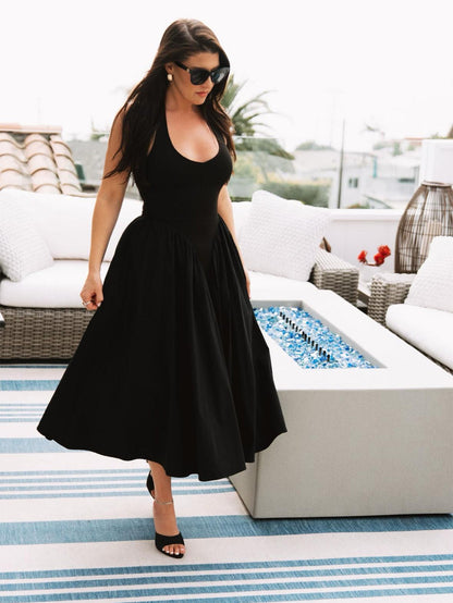 V-Neck Halter Flared Hem Solid Dress