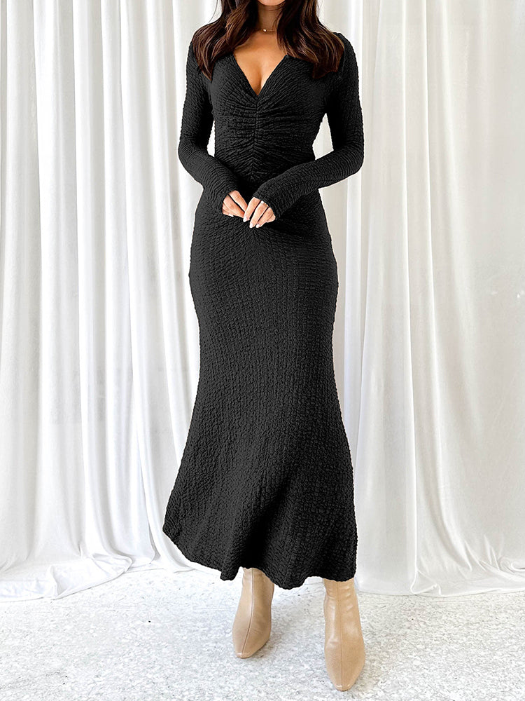 V-Neck Ruched Twist Bodycon Knitted Dress