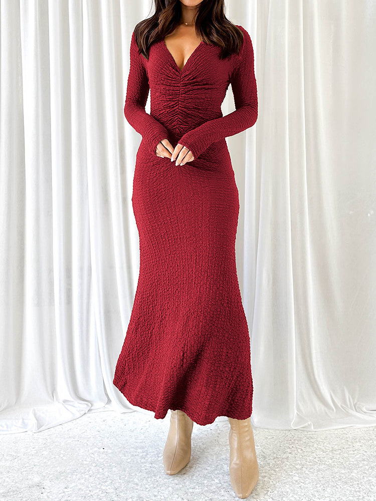V-Neck Ruched Twist Bodycon Knitted Dress