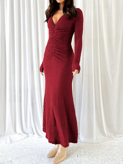 V-Neck Ruched Twist Bodycon Knitted Dress