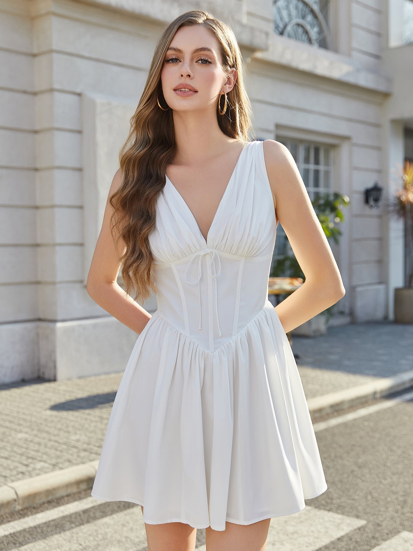 V-Neck Tie Boning Ruched Corset Dress