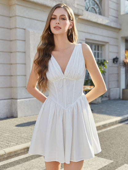 V-Neck Tie Boning Ruched Corset Dress