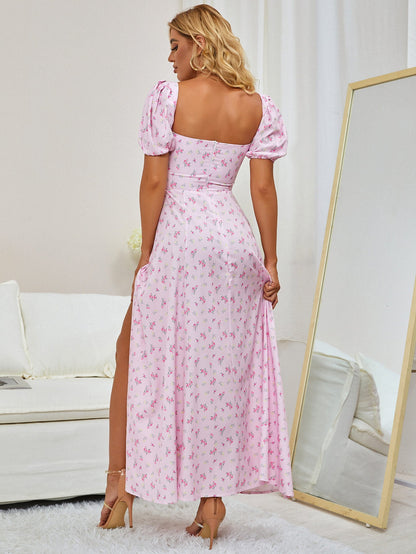 Puff Sleeve High Split Floral Print Dress